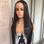 Mannequin head with a long black wig on a stand, with 'AISOM' branding visible.
