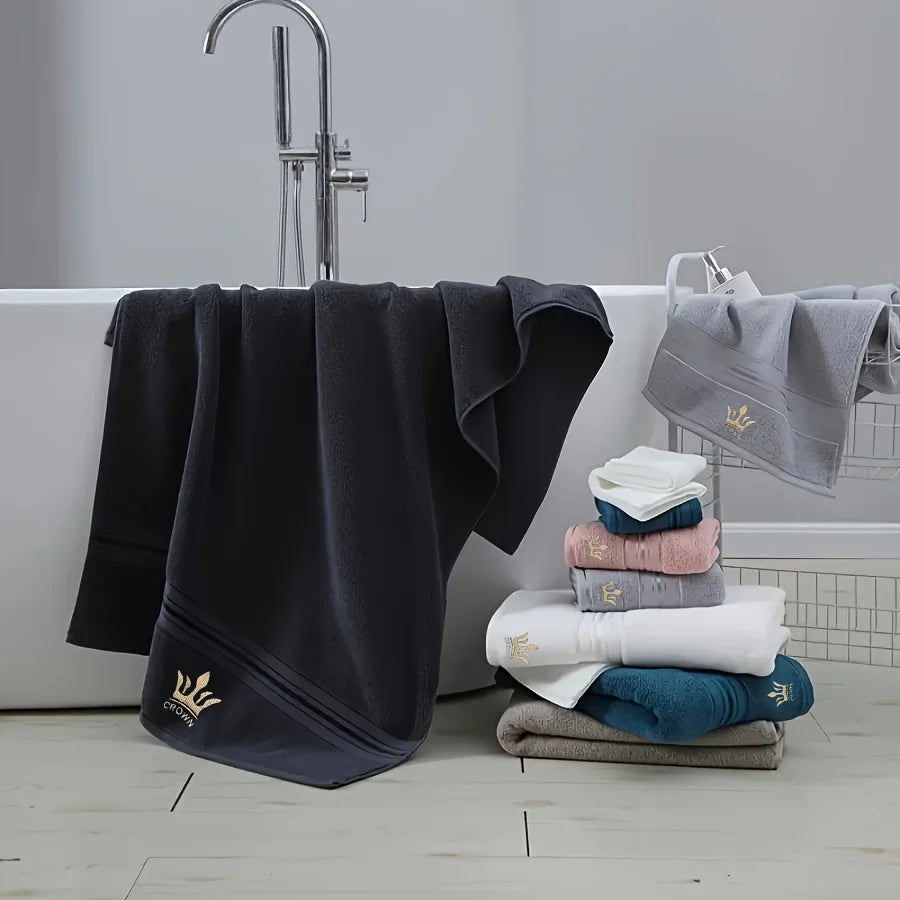 8-Piece Luxury Cotton Towel Set - 2 Bath Towels, 2 Hand Towels & 4 Washcloths, Light Beige with Crown Embroidery