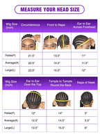 Chart for measuring head size and wig size with visual aids of people wearing headbands.
