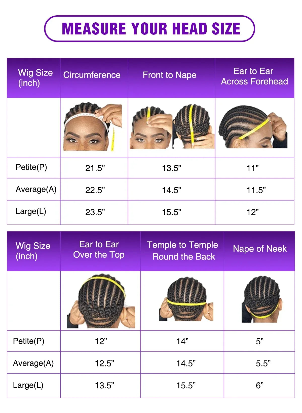 Chart for measuring head size and wig size with visual aids of people wearing headbands.