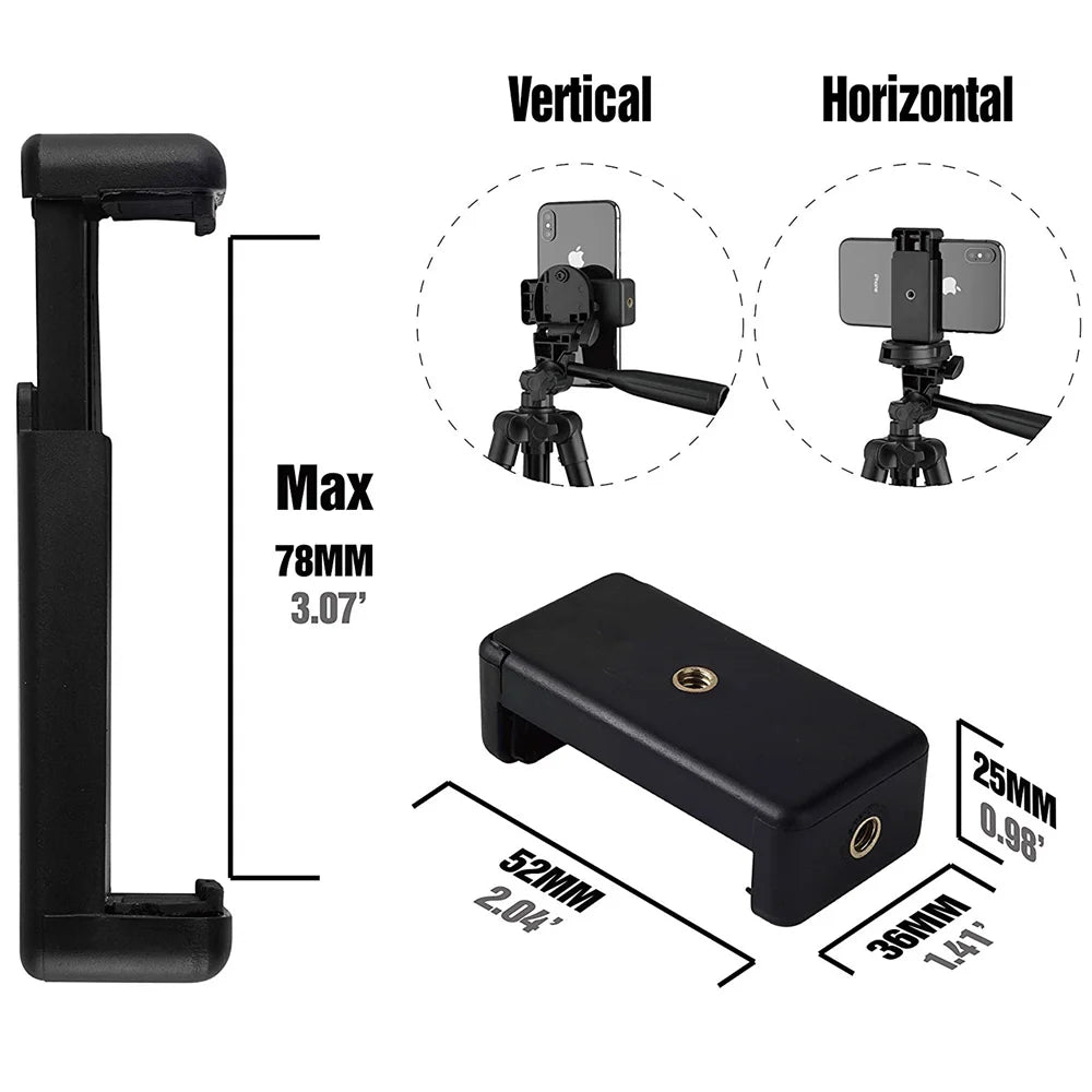 Black smartphone holder with measurements and usage instructions on a white background