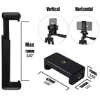 Black smartphone holder with measurements and usage instructions on a white background