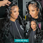 Woman with styled hair, wearing a black jacket with a brand logo, and text '13X4 HD Wig' displayed.