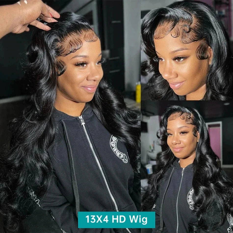 Woman with styled hair, wearing a black jacket with a brand logo, and text '13X4 HD Wig' displayed.
