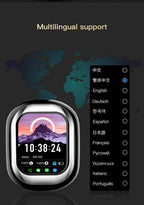 Smartwatch with multilingual support options on a dark background