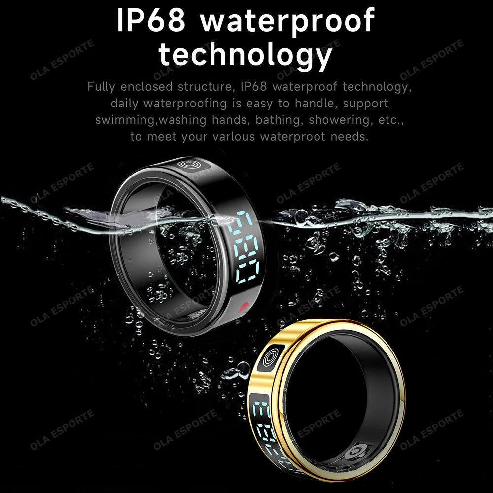 Two digital rings with water splashes and text about IP68 waterproof technology on a black background.