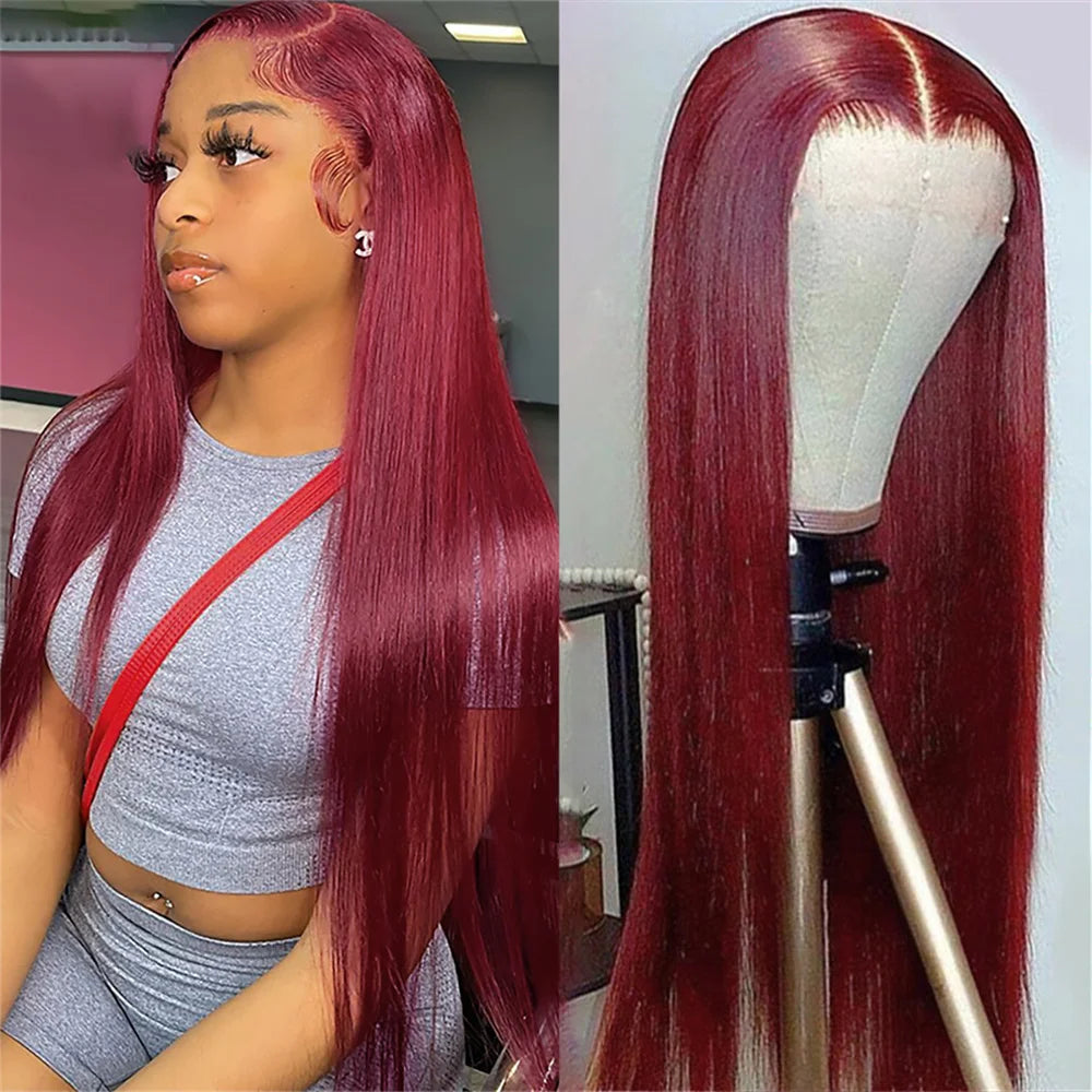 Burgundy wig on a mannequin head and a person wearing it.