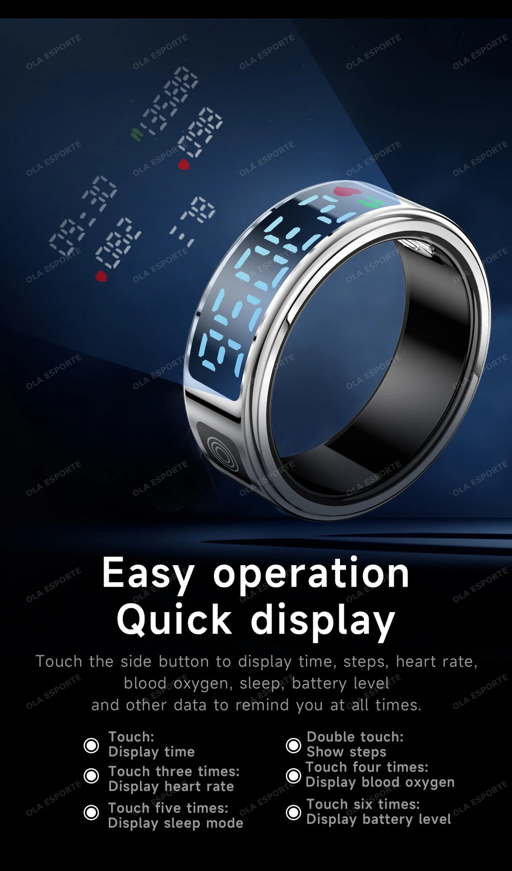 Smart ring with digital display on a dark background