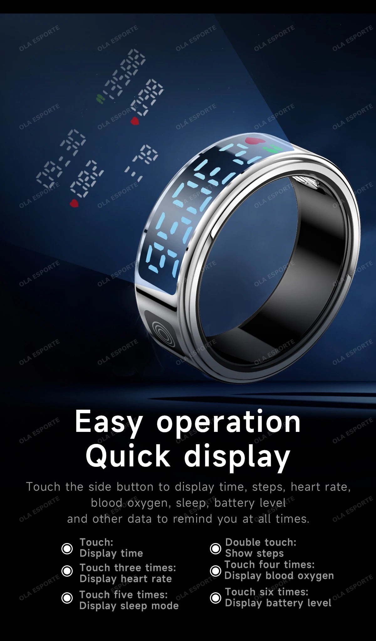 Smart ring with digital display on a dark background