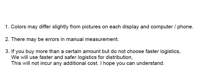 Text message about color differences, measurement errors, and logistics options on a black background