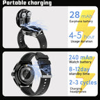 Smartwatch and earphone with charging capabilities, showing battery life and usage duration.