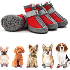 Red and gray pet boots with five different dogs wearing them on a white background