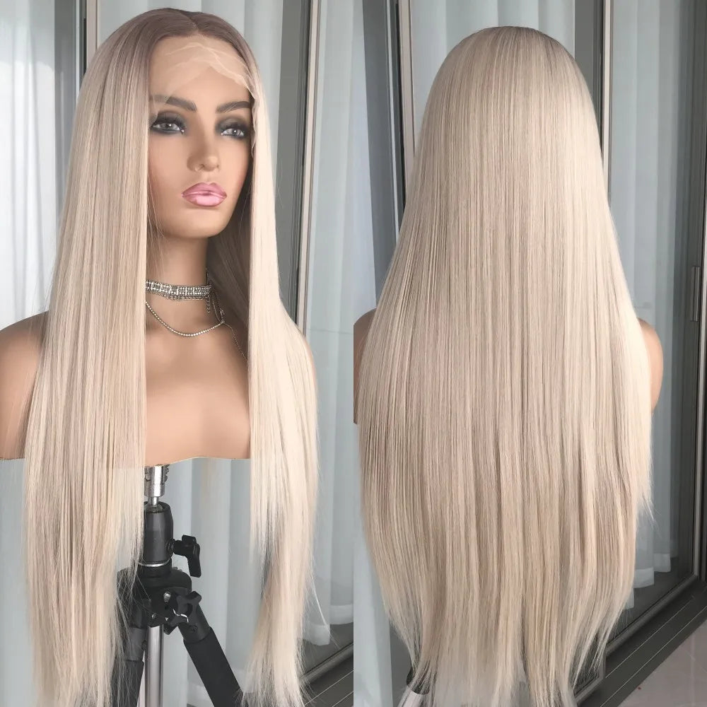 Blonde wig displayed on a mannequin with a neutral background.