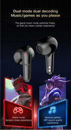 Twin earbud devices with gaming and music mode indicators on a dark background