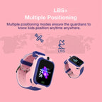Smartwatch with pink band on a pink background with text about LBS multiple positioning.