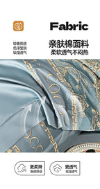 Fabric product with gold text and decorative elements on a light blue background