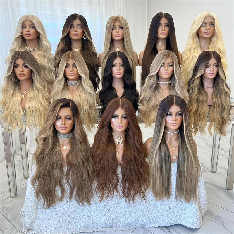 Collection of wigs displayed on mannequin heads against a white background