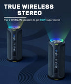 Two ORTIZAN wireless speakers with text highlighting true wireless stereo capability on a dark background.