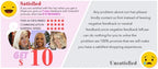 Customer review section with satisfaction levels and rewards system on a pink background.
