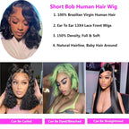 Advertisement for a short bob human hair wig with product details and examples of wigs.