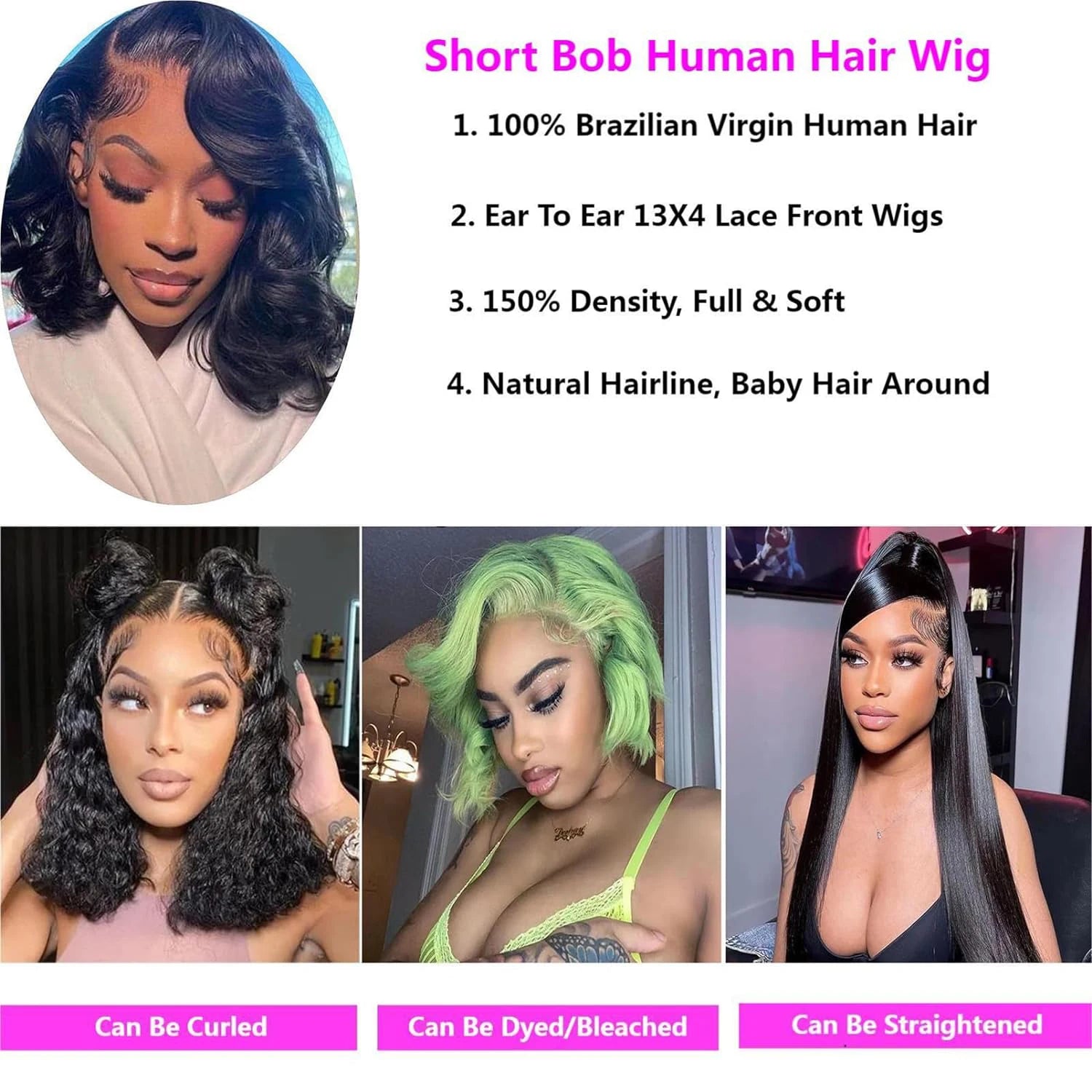 Advertisement for a short bob human hair wig with product details and examples of wigs.