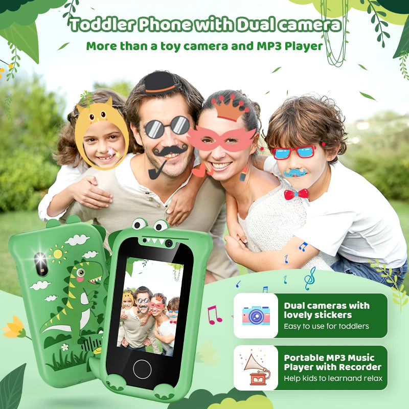 Children's phone with dual camera and MP3 player, featuring a family outdoors.