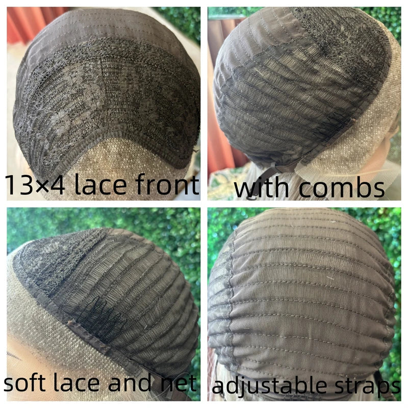 Collage of a wig with lace front, combs, soft lace, and adjustable straps.