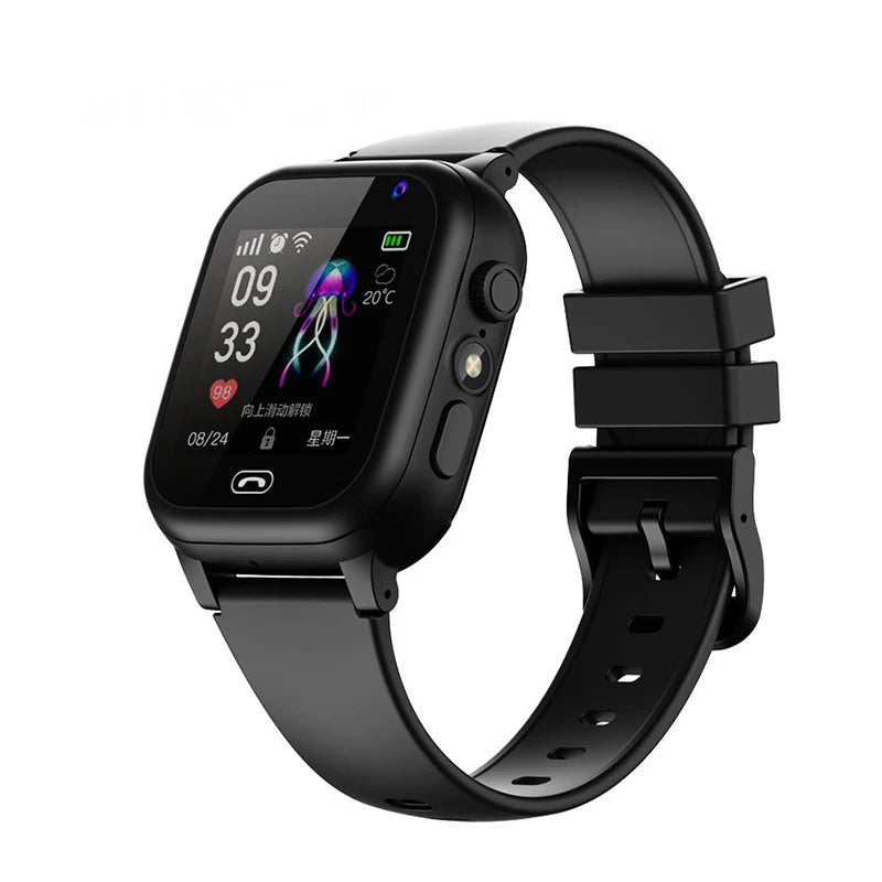 Black smartwatch with a black band on a white background