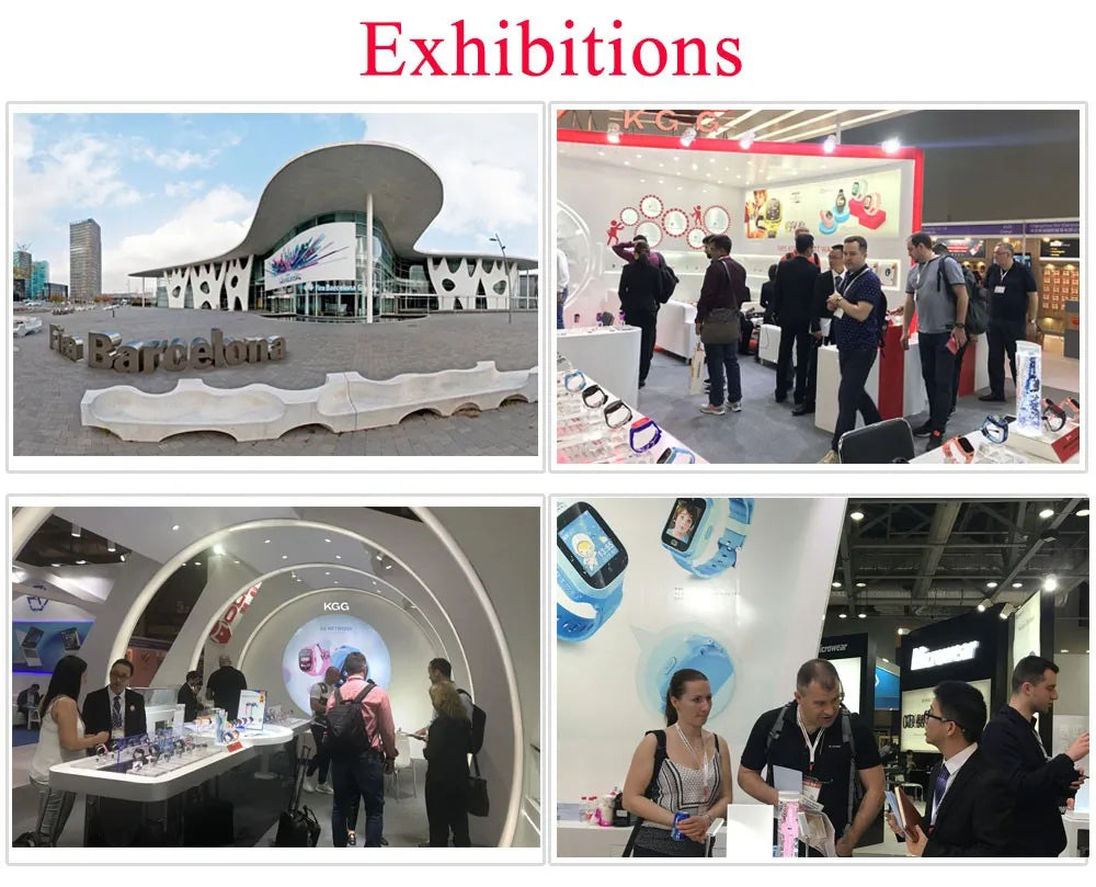 Collage of exhibition scenes with people, booths, and a building.