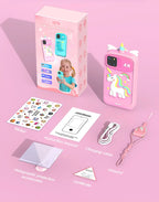 Pink toy phone with unicorn design, packaging, and accessories on a pink background