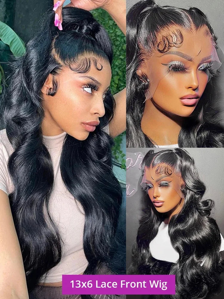 Collage of a woman with styled hair and close-up of a lace front wig labeled '13x6 Lace Front Wig'.

