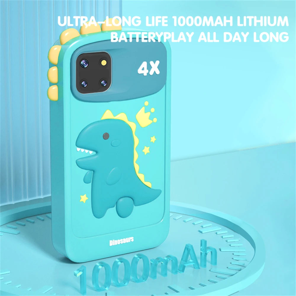 Phone case with dinosaur design and battery information on a blue background