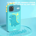 Phone case with dinosaur design and battery information on a blue background