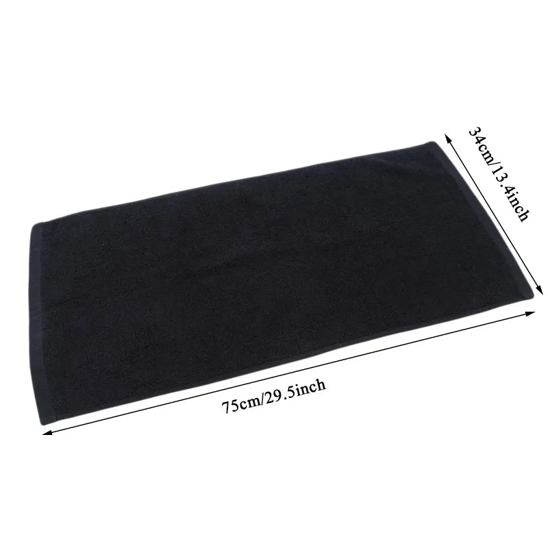 Black towel with measurements on a white background