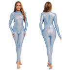 Women Metallic Shiny Full Body Unitards Sheer Rave Party Nightclub Jumpsuit Long Sleeve Long Pants Back Zipper Catsuit Clubwear
