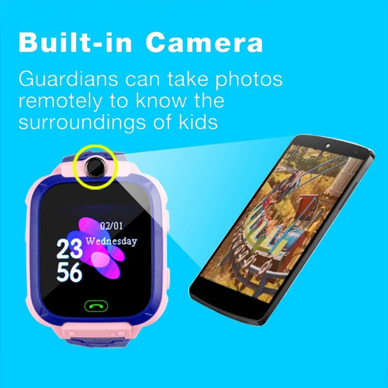 Smartwatch with a built-in camera and smartphone showing a map on a blue background