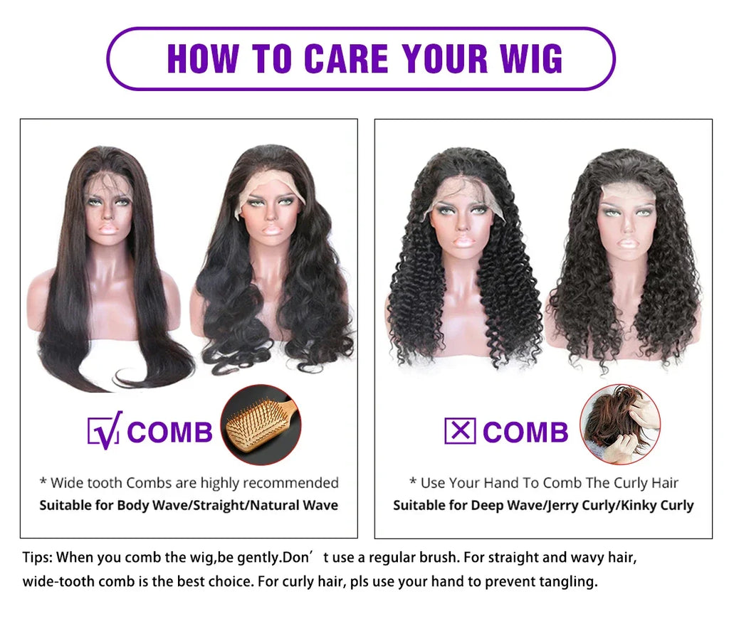 Instructions on how to care for wigs with images of wigs and combing tips.