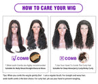 Instructions on how to care for wigs with images of wigs and combing tips.
