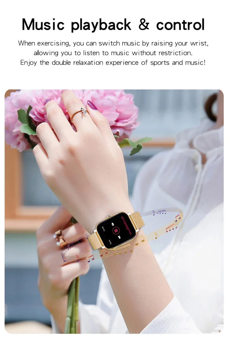 Smartwatch worn on a wrist with a hand holding pink flowers, text about music playback control.