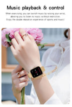 Smartwatch worn on a wrist with a hand holding pink flowers, text about music playback control.