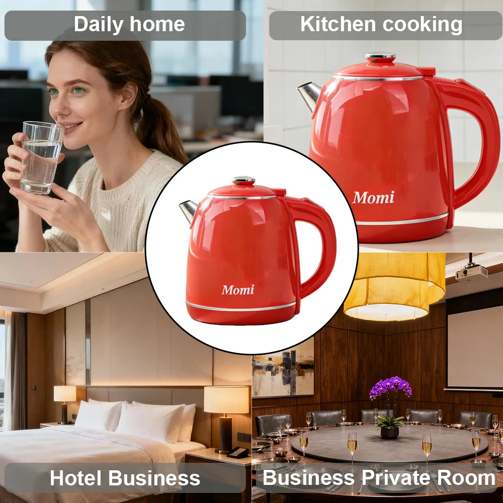 A collage showing a red electric kettle in multiple real-world settings: a woman holding a glass of water labeled 'Daily home,' the kettle on a kitchen counter labeled 'Kitchen cooking,' a bedroom labeled 'Hotel Business,' and a dining table labeled 'Business Private Room.' A circular inset highlights the kettle with the name 'Momi' printed on it.