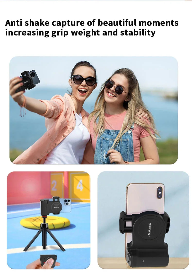 Two women taking a selfie with an anti-shake device, followed by images of the device in use on a tripod and smartphone holder.