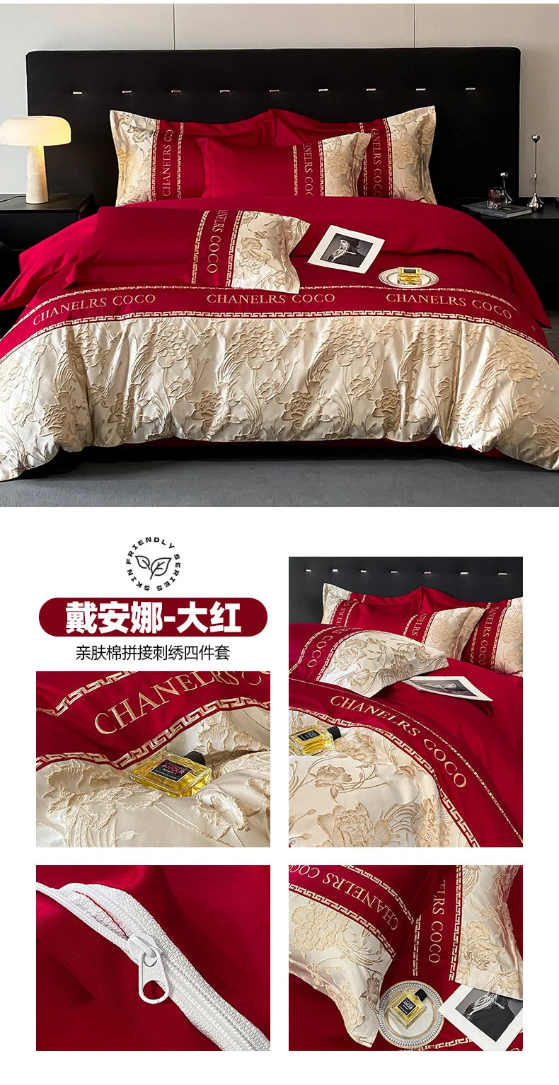 Red and gold bedding set with 'Chanel' branding on a bed.