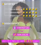 Woman in a green dress with rating stars and text overlay on a blurred background