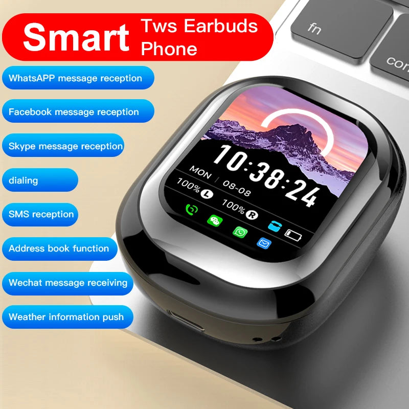 Smart earbuds phone with digital display and various function icons on a gradient background.