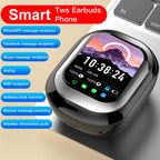 Smart earbuds phone with digital display and various function icons on a gradient background.