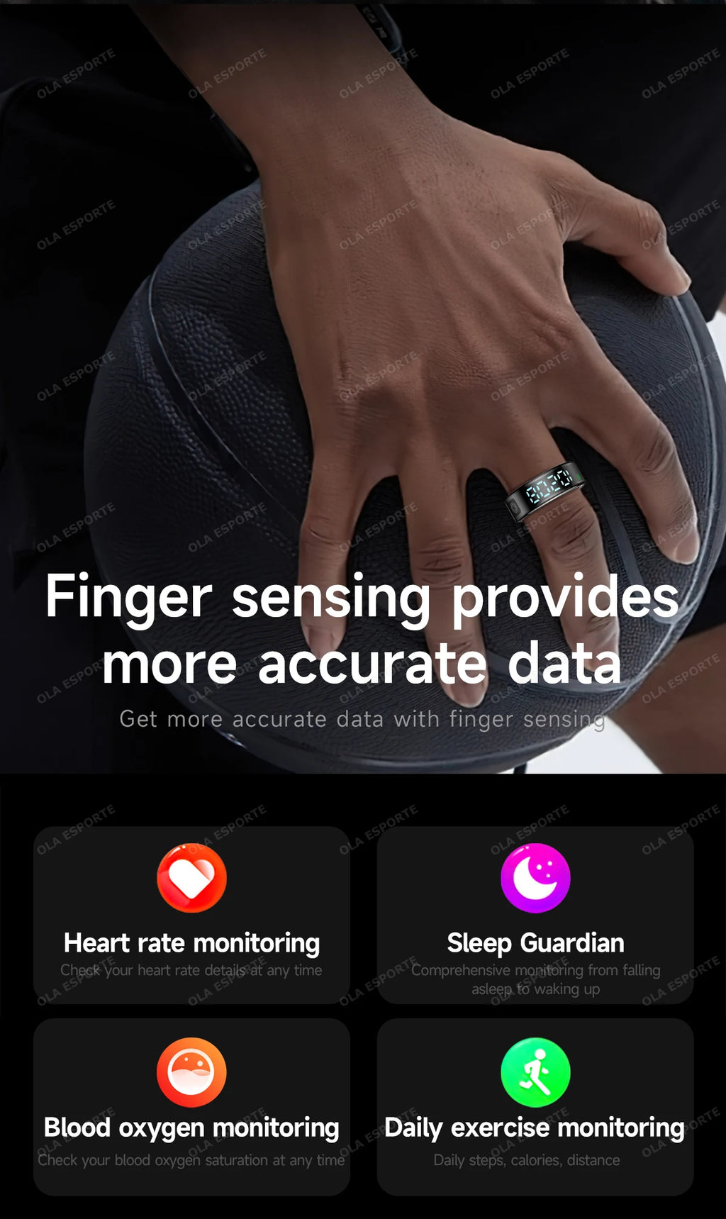 Hand holding a fitness tracker with text about finger sensing and monitoring features.