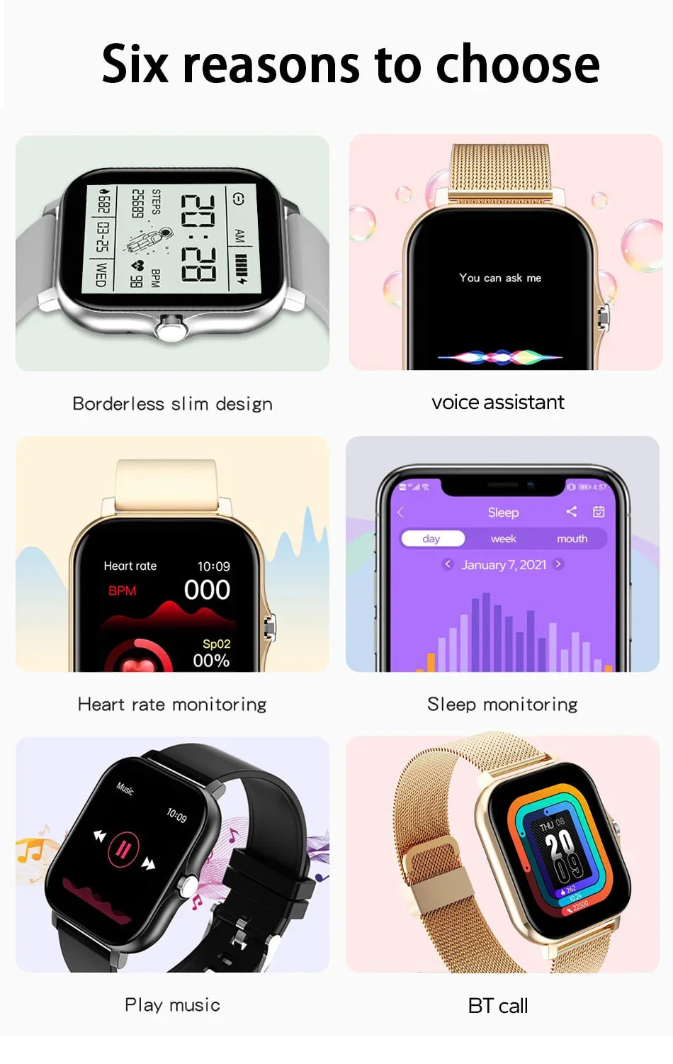 Smartwatch features with text highlighting six reasons to choose it.