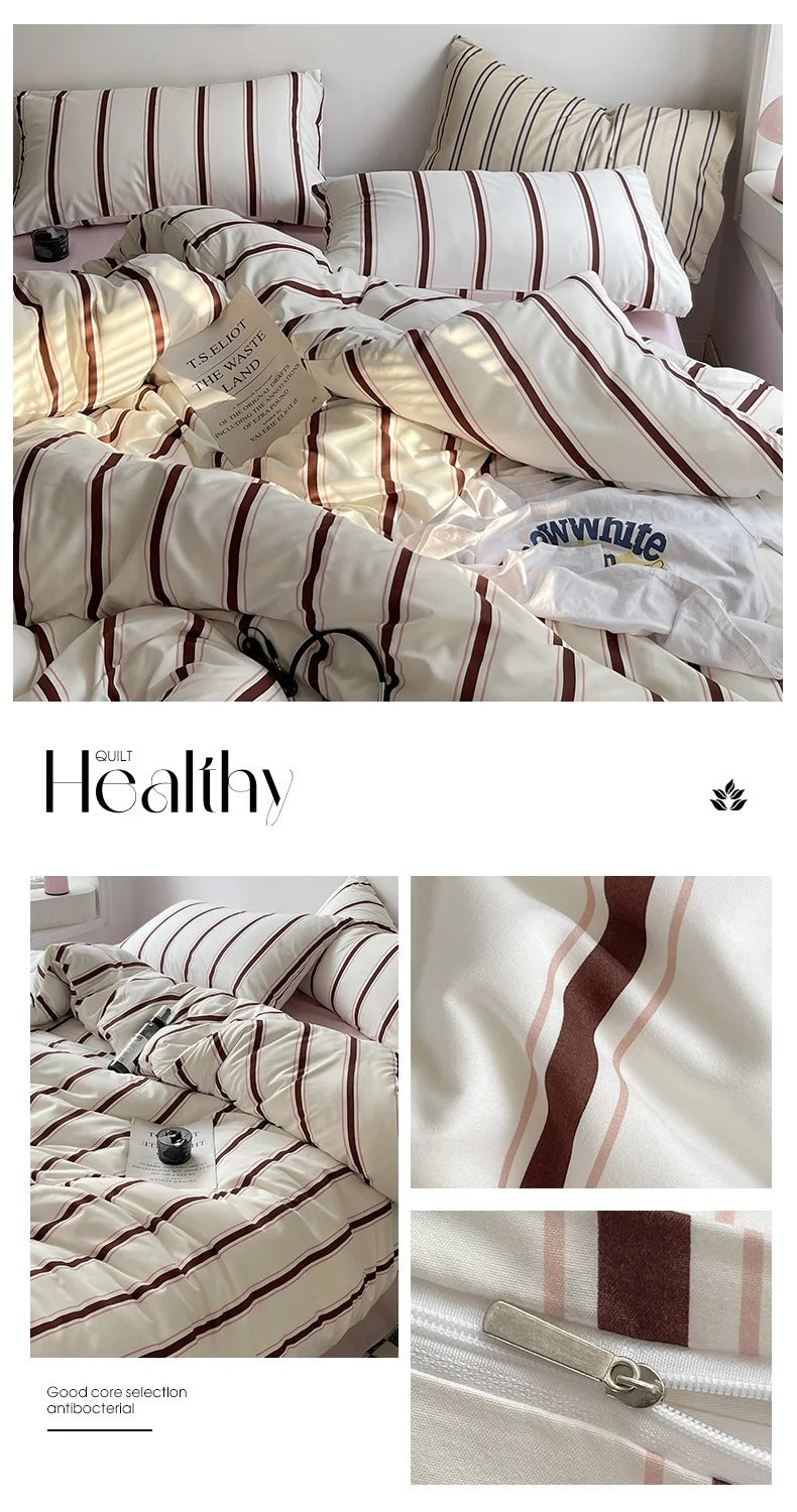 Striped bedding set with visible brand logo, displayed in a collage format.