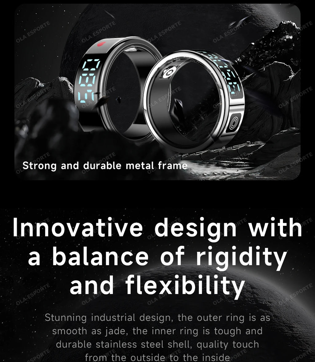 Two metallic rings with digital displays on a dark background, emphasizing strength and innovation.